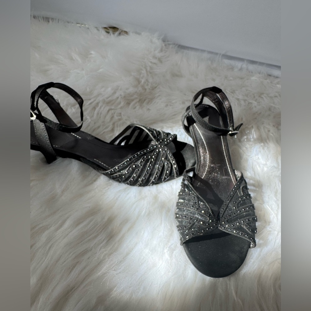 Fioni size 8 black low heel, sheer/sparkle toe strap, open toe
